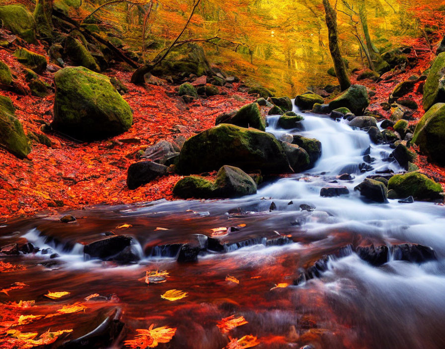 Tranquil Autumn Forest Stream with Colorful Leaves