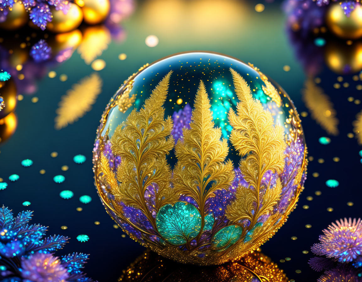 Detailed Golden Fractal Tree in Transparent Sphere with Orbs and Foliage