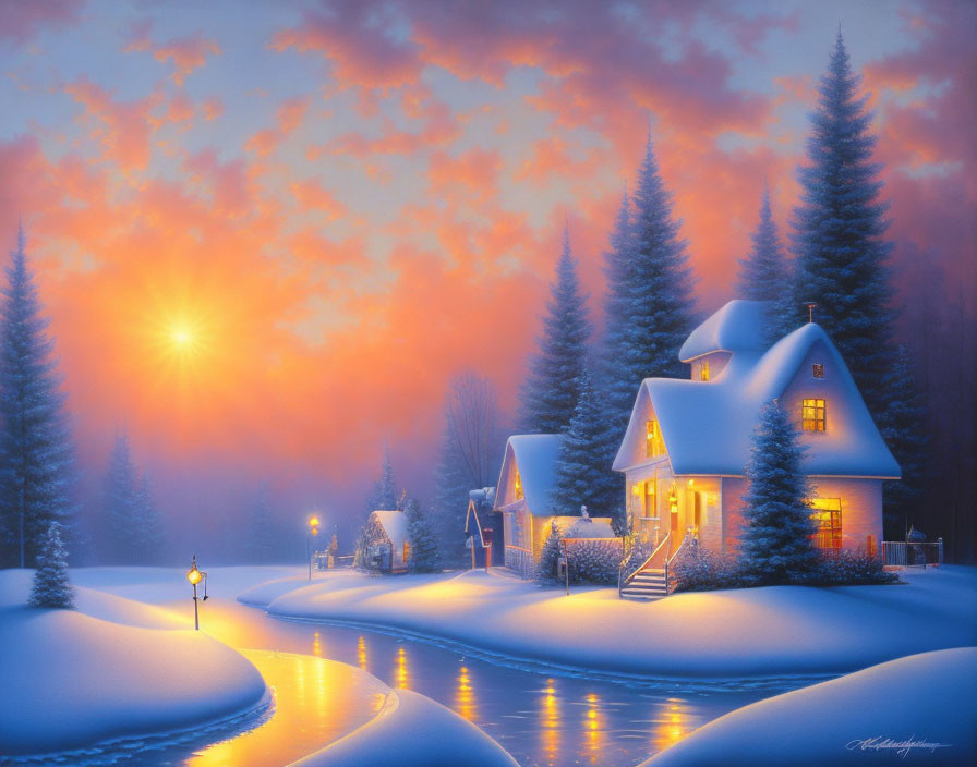 Winter scene: snow-covered houses, warm lights, frozen river, pine trees.