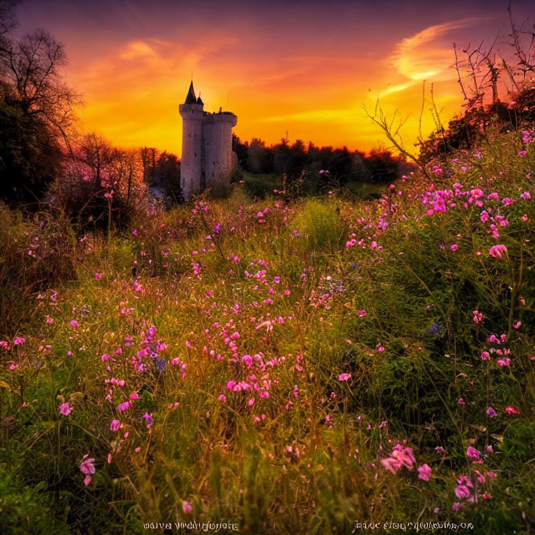 Vibrant sunset over purple flower field with tower in colorful sky