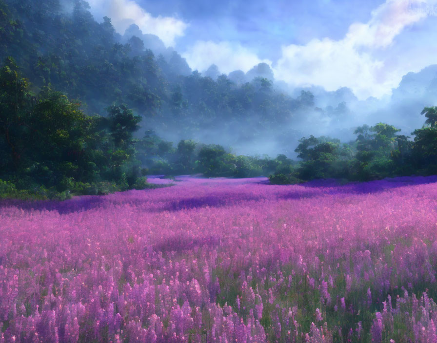 Vibrant purple flowers in misty forest landscape