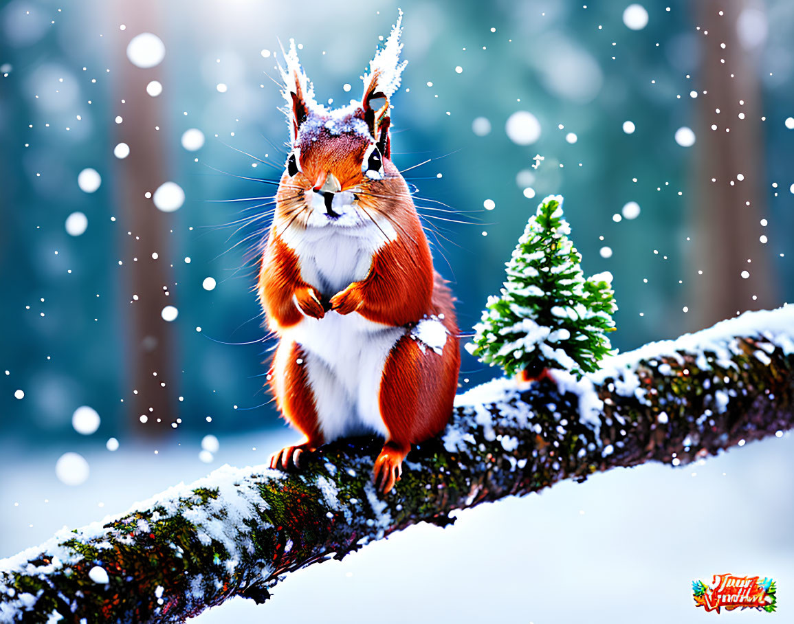 Red squirrel on snow-covered branch with pine tree in wintry forest.