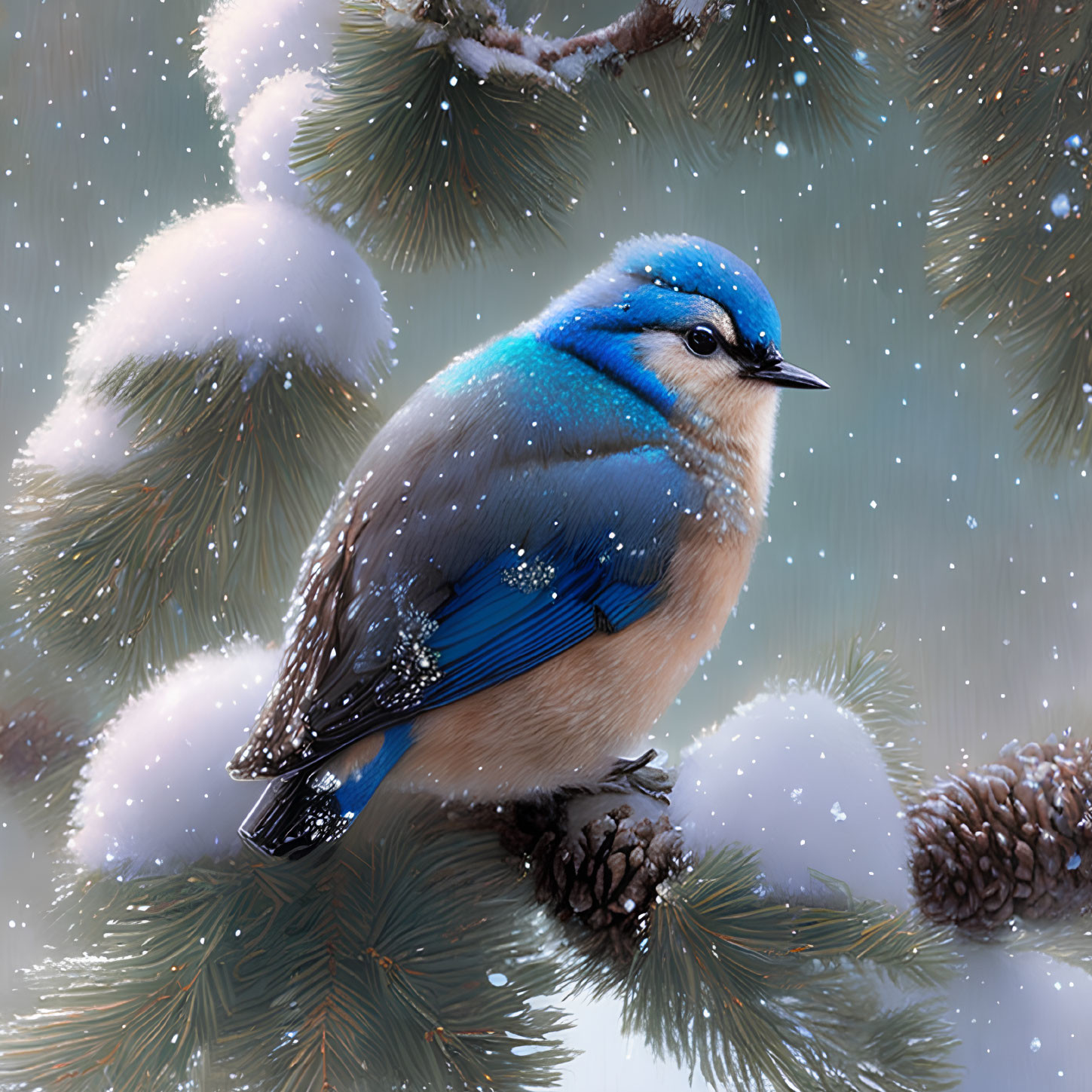 Blue jay on snowy pine branch with falling snowflakes