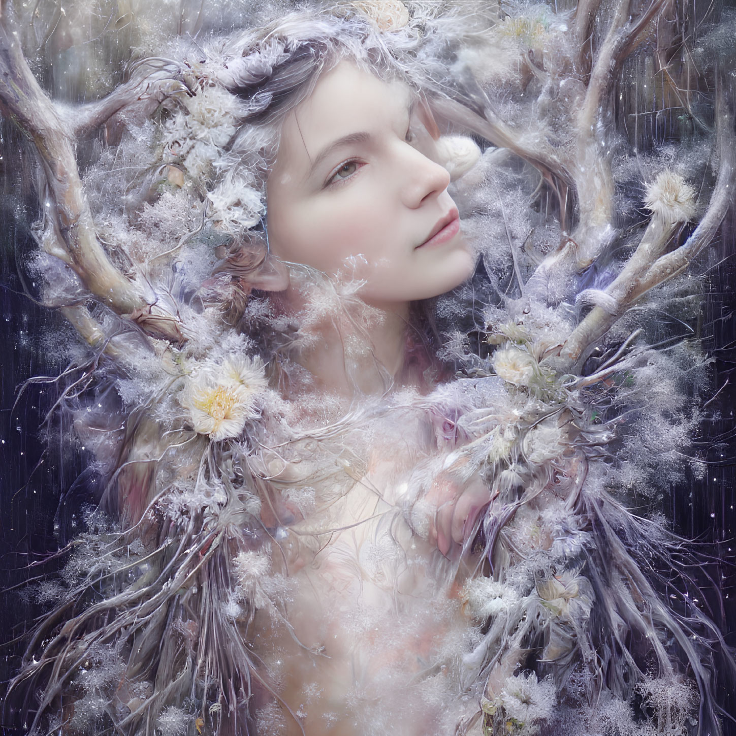 Pale-skinned woman in ethereal fantasy artwork with frost-covered branches and soft florals