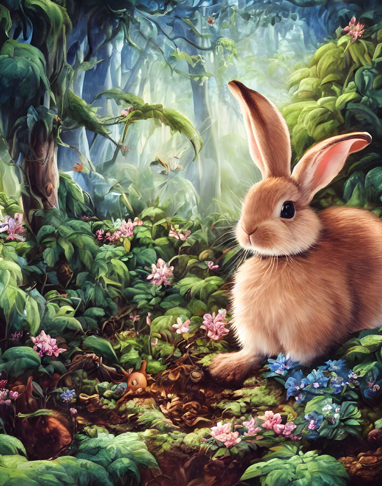 Serene rabbit in lush forest with vibrant flowers