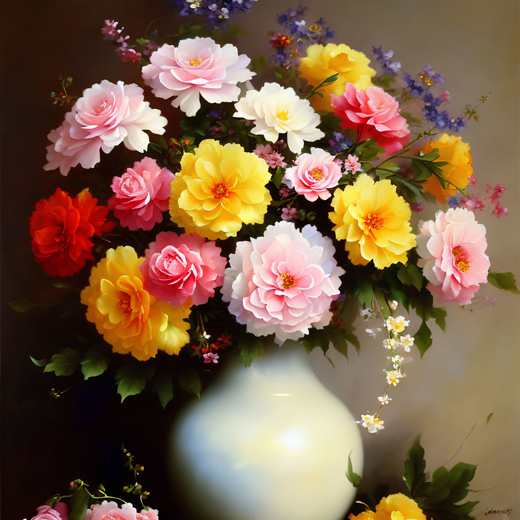 Colorful floral arrangement with roses and small flowers in white vase