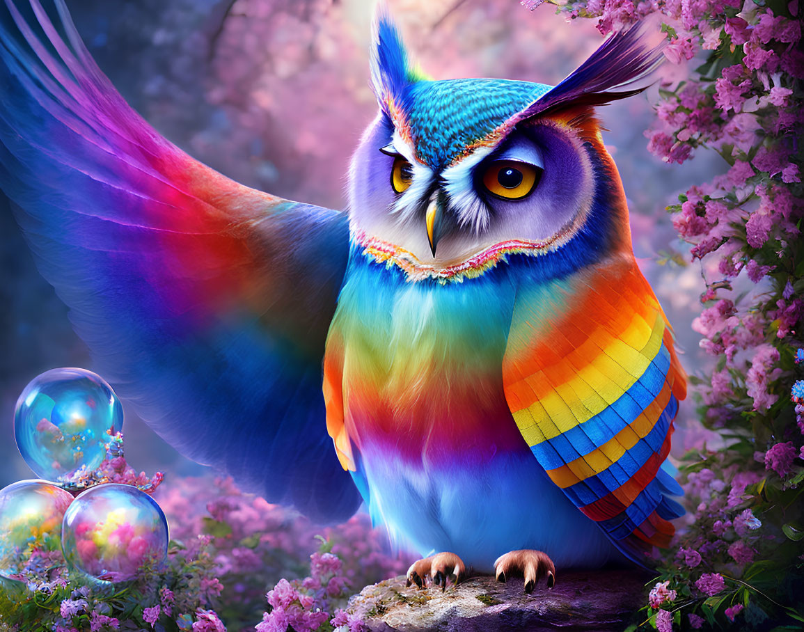 Colorful Fantastical Owl Illustration Among Pink Blossoms and Bubbles