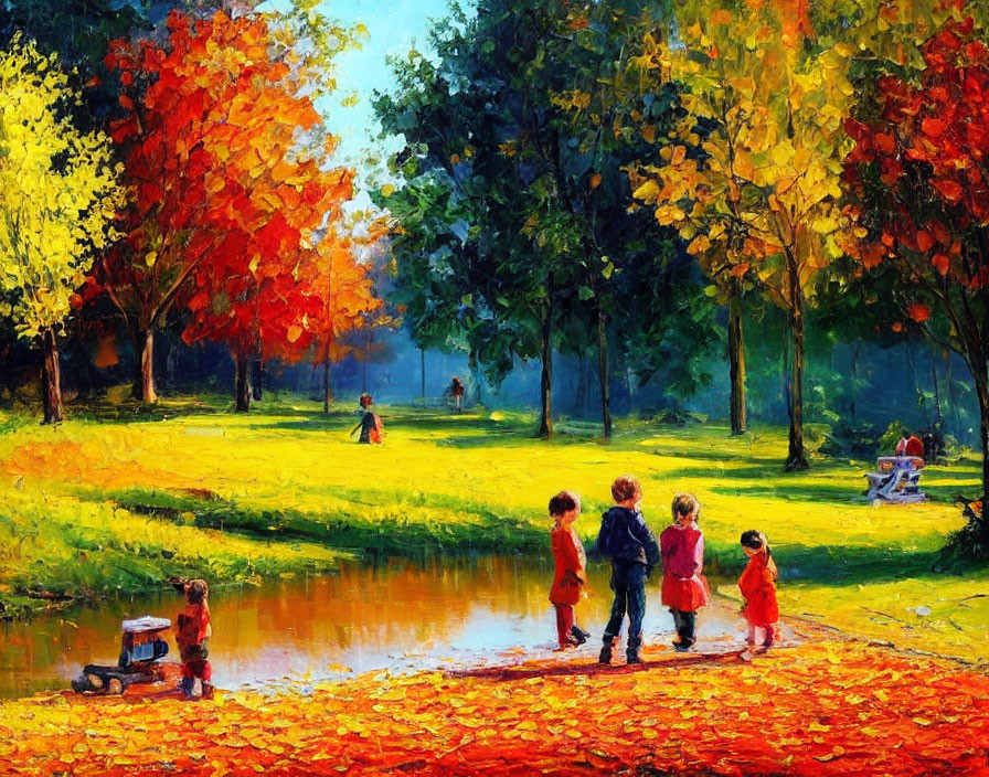 Colorful painting of children playing in autumn park by water