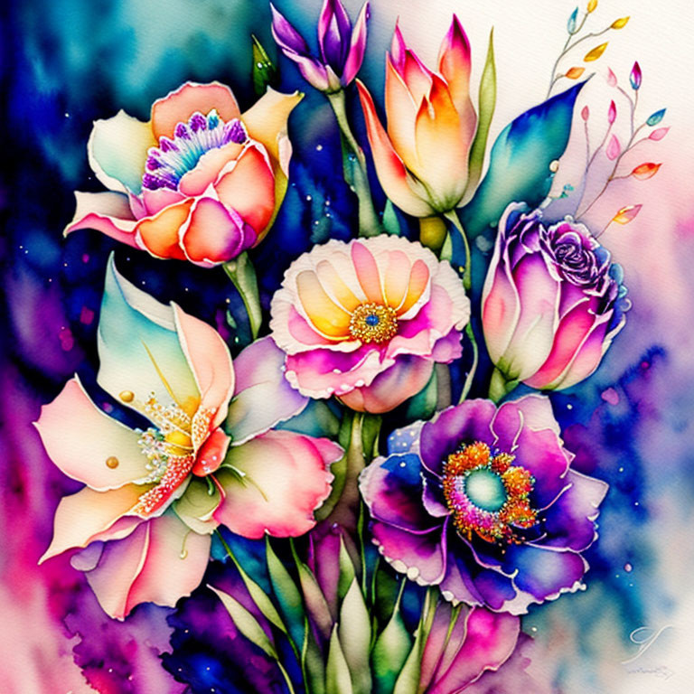 Colorful Watercolor Flower Bouquet on Dreamy Background