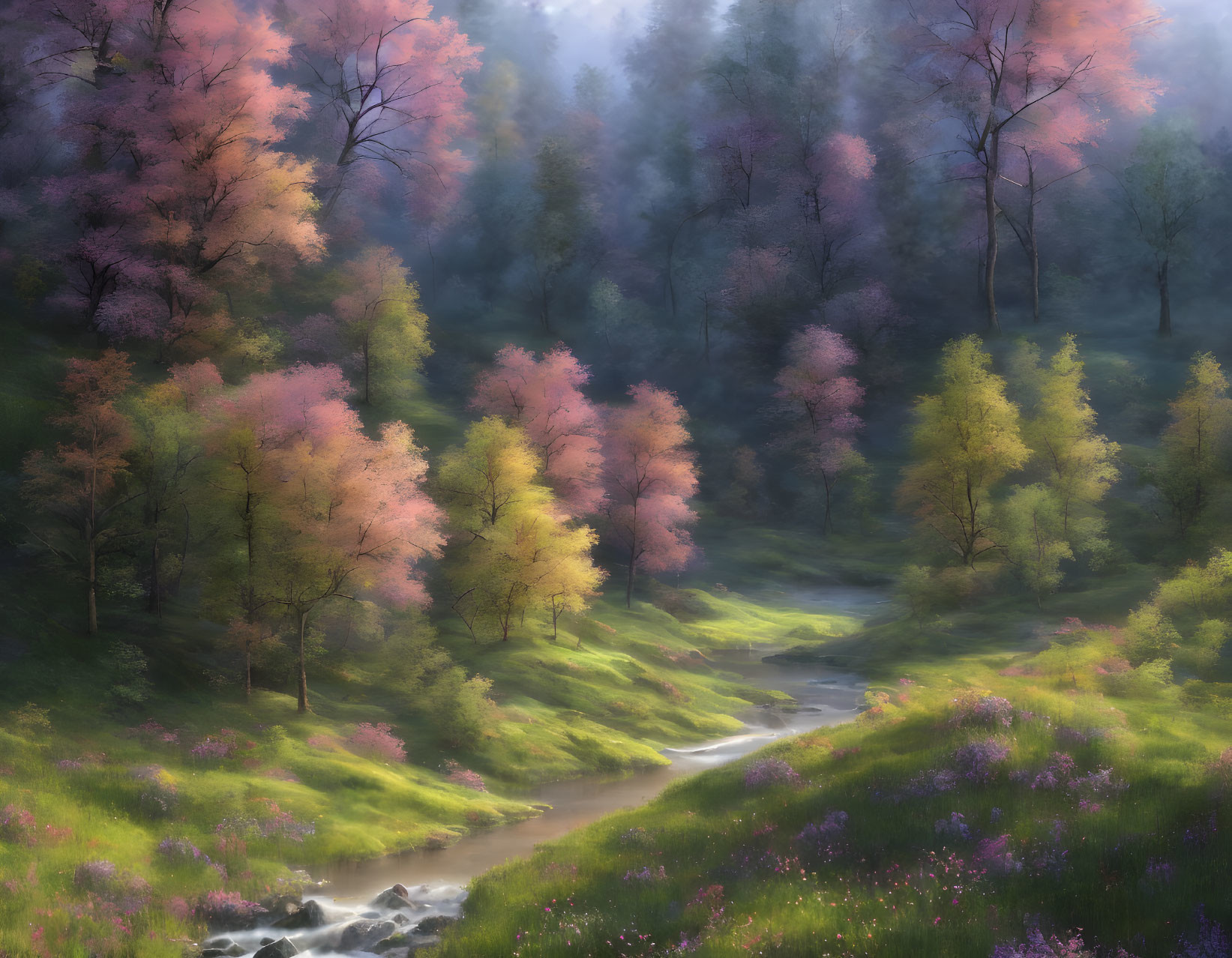 Tranquil forest landscape with sunlit stream and blooming trees