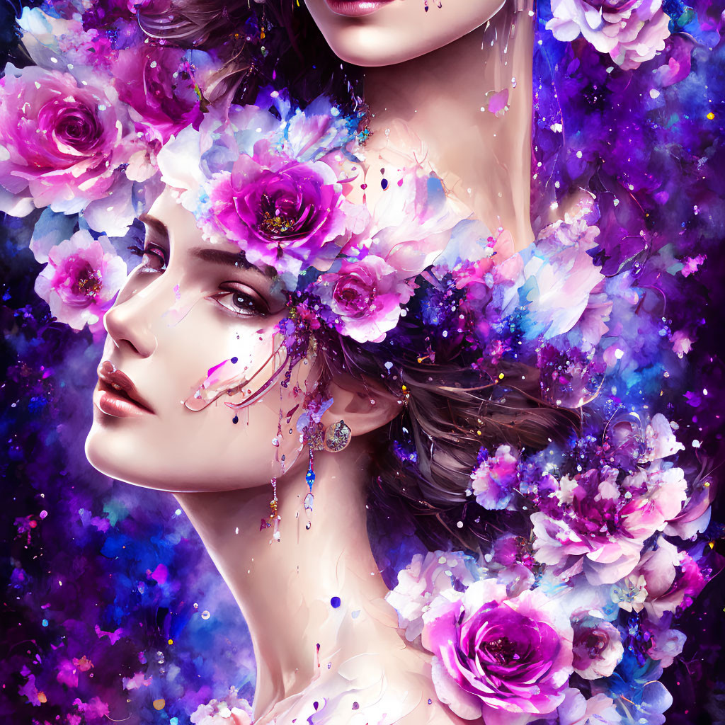 Woman's Face Art with Cascading Hair, Pink Roses, Cosmic Stars