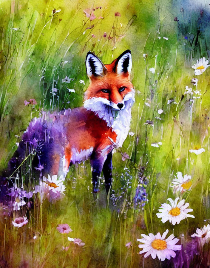 Red Fox in Field of White Daisies Watercolor Art
