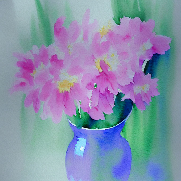 Pink Flowers in Blue Vase Watercolor Painting with Green Background