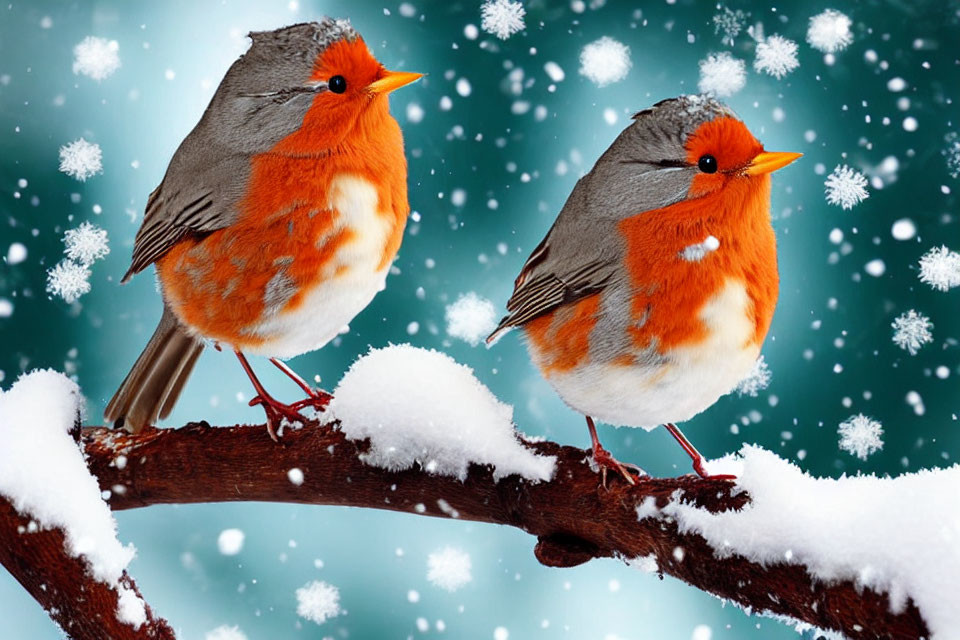 Two robins on snowy branch with falling snowflakes and icy blue bokeh.