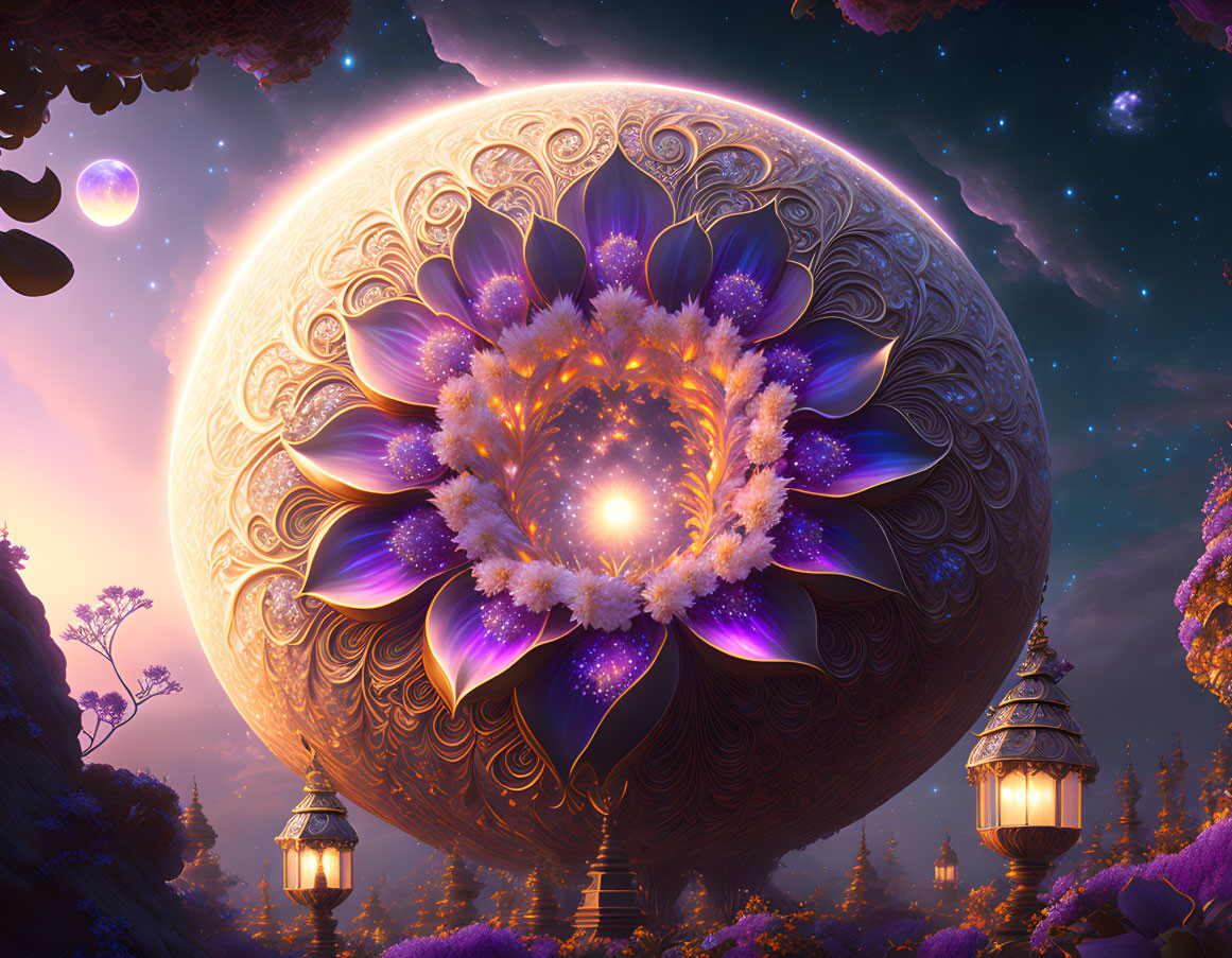 Surreal twilight landscape with ornate moon and glowing flowers