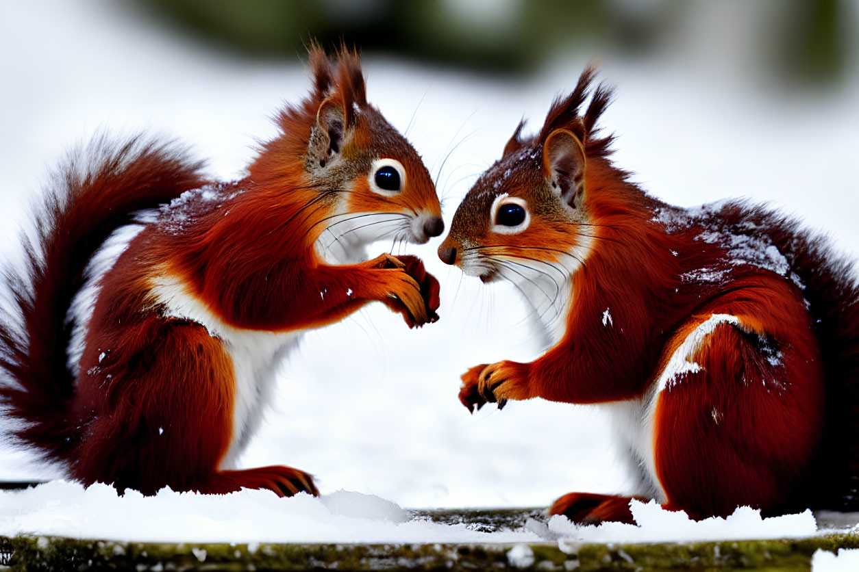 Red squirrels on snow-covered surface with snowflakes.