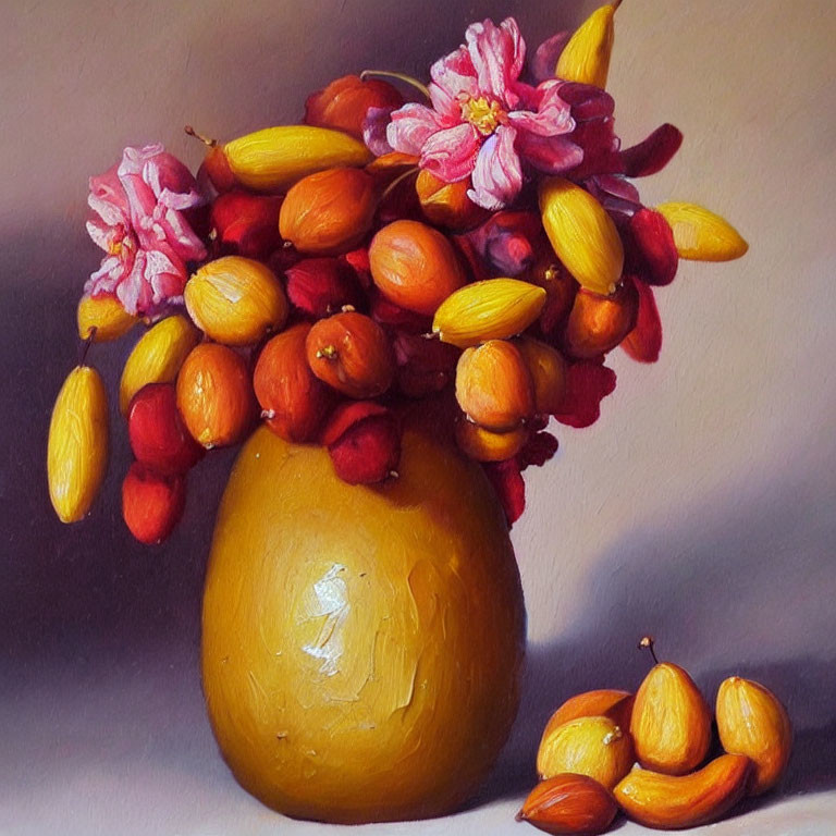 Yellow Vase with Red and Yellow Fruits in Oil Painting