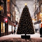 Snow-covered city street with illuminated Christmas tree at night