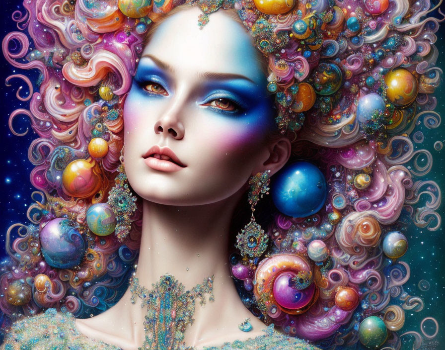 Surreal portrait of woman with cosmic-themed makeup and hair intertwined with galaxies, stars, and planets