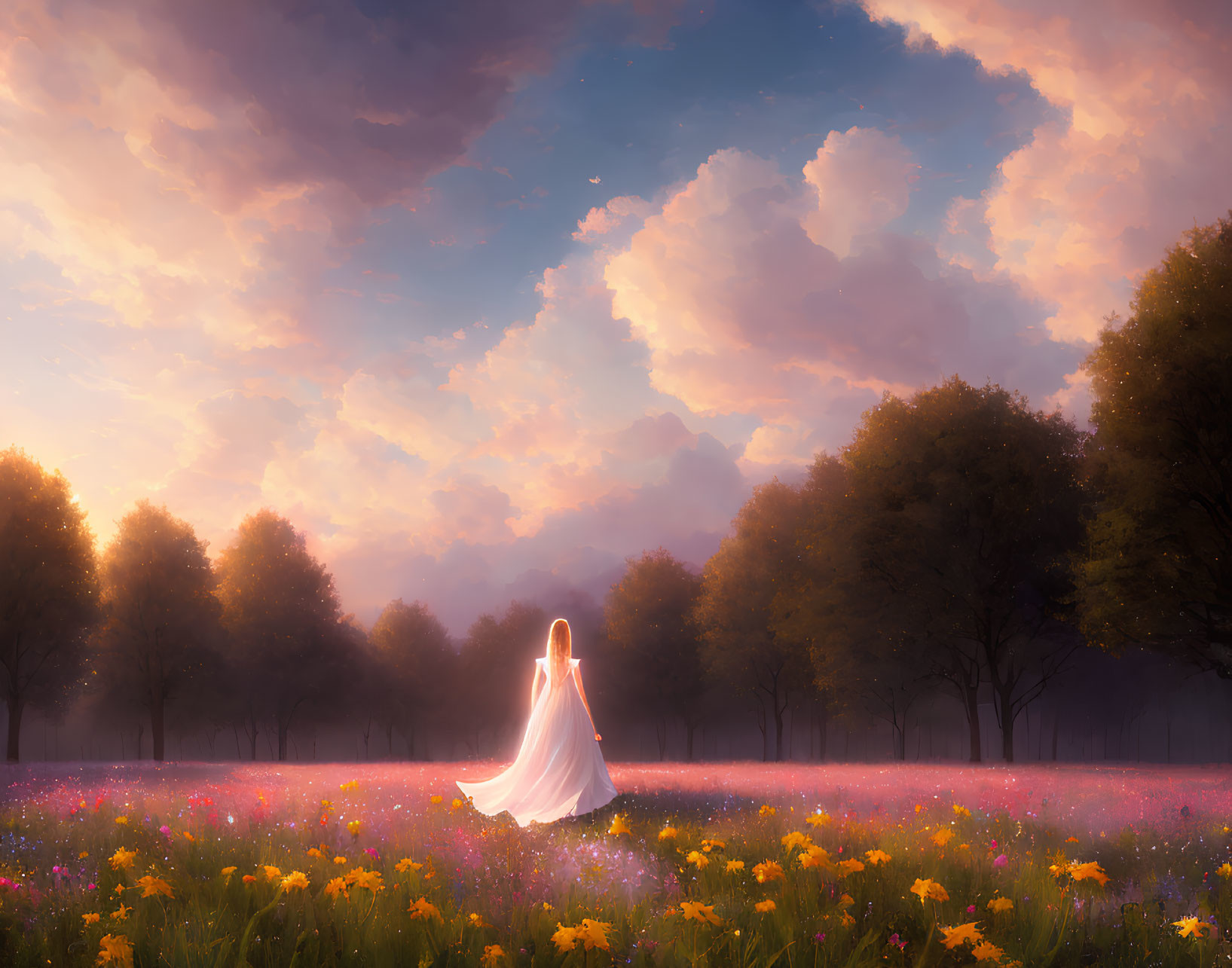 Person in White Cloak Walking Through Vibrant Flower Field at Majestic Sunset