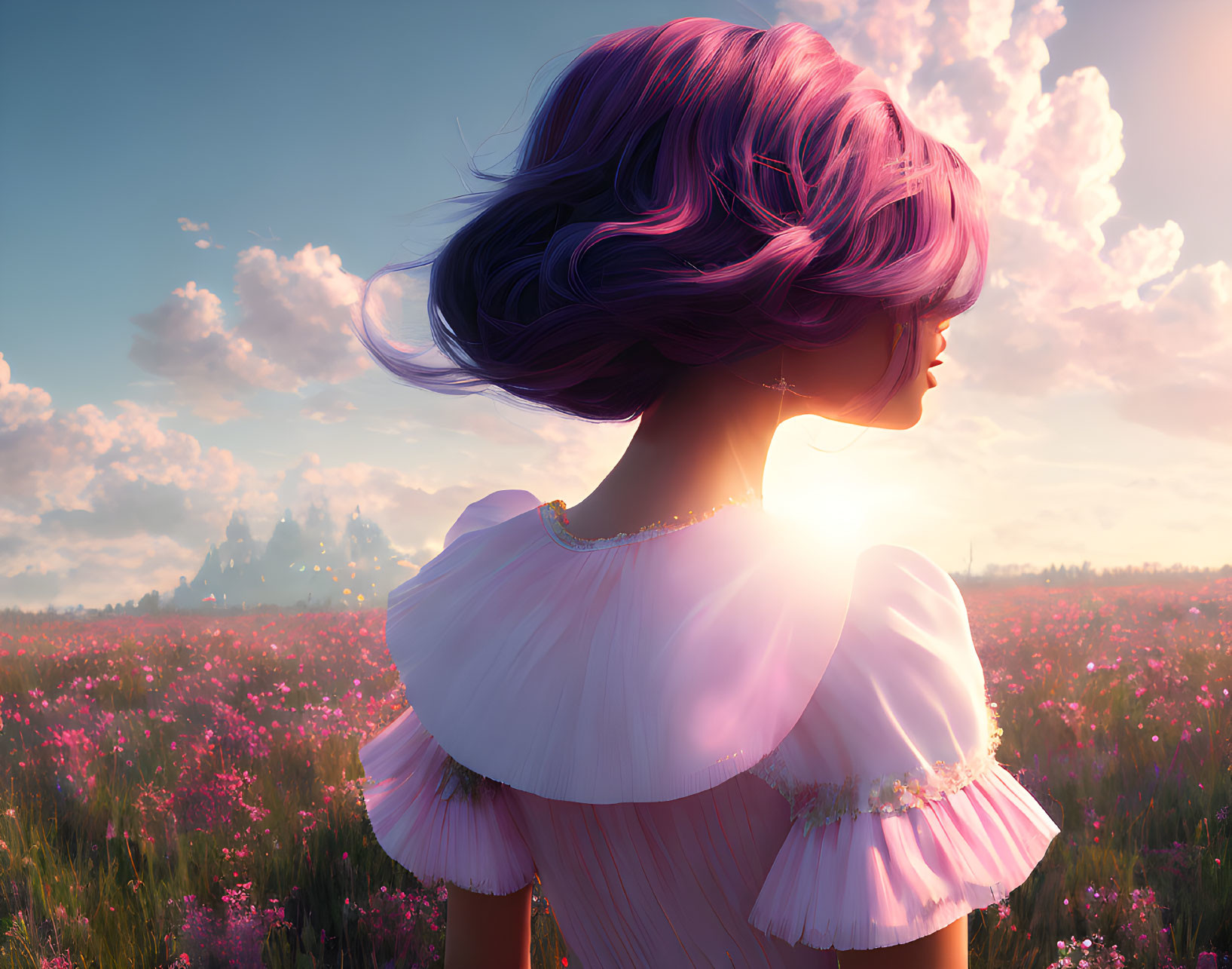 Purple-Haired Girl Looking at Castle in Pink Flower Field at Sunset