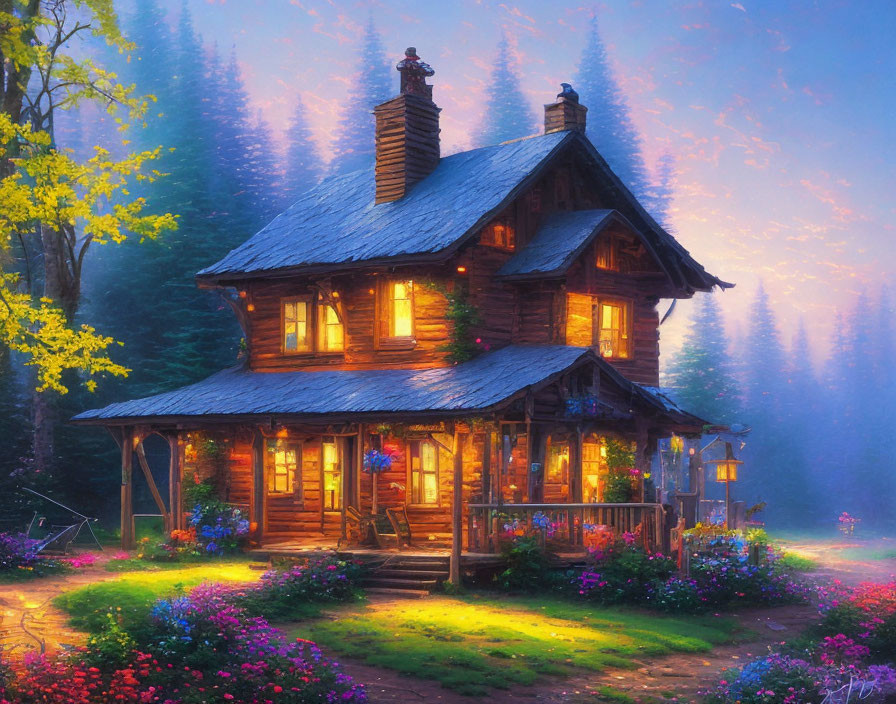 Two-story cabin in lush forest with warm glow at dusk