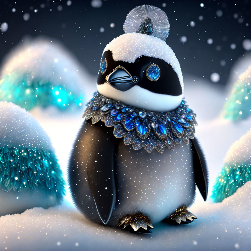 Illustrated penguin with jeweled adornments in snowy landscape