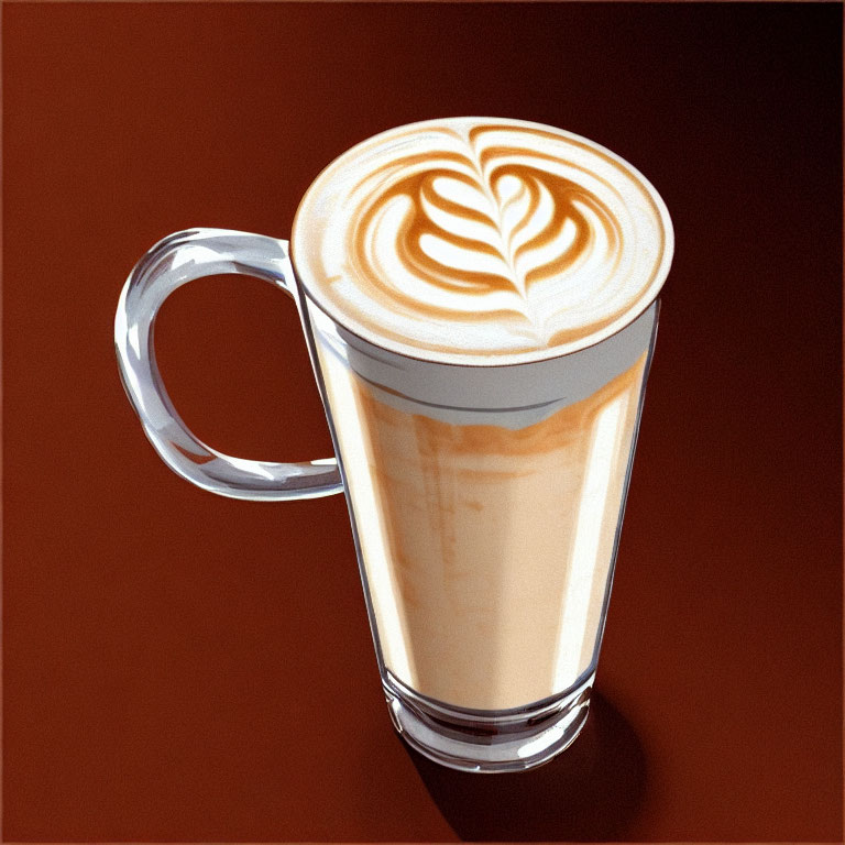 Latte in Glass Cup with Heart Latte Art on Brown Background