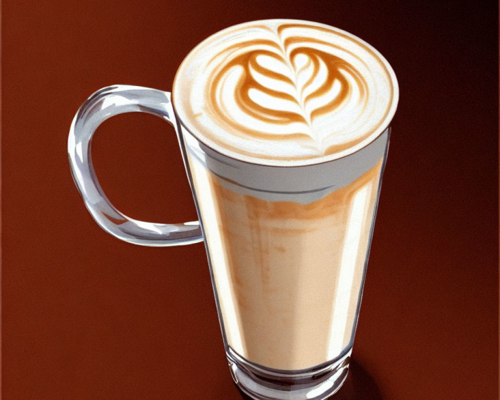 Latte in Glass Cup with Heart Latte Art on Brown Background