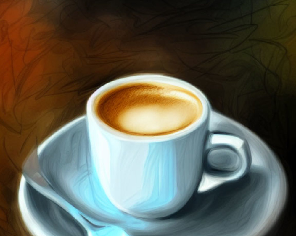 Digital painting of steaming coffee cup on saucer with spoon, warm abstract background