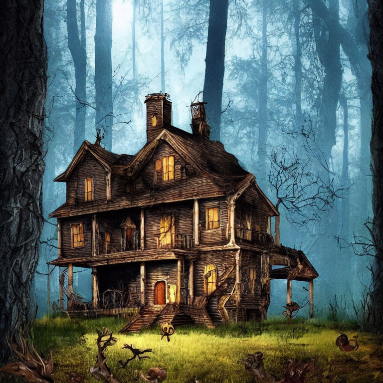 Eerie two-story wooden house in dense forest with mist and bones