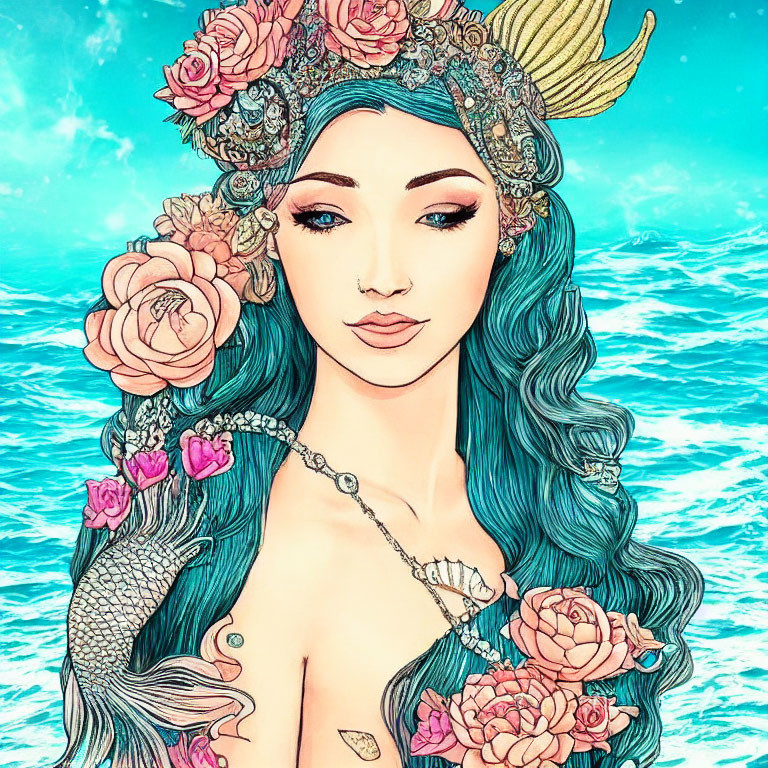 Mermaid with Blue Hair and Seashell Crown in Teal Ocean