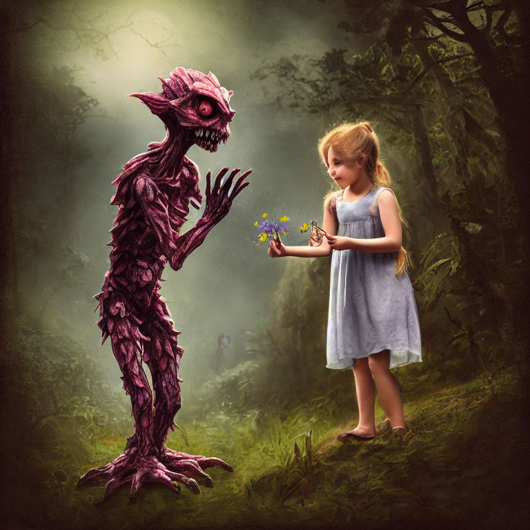 Young girl in blue dress offers flowers to fantastical creature in mystical forest.