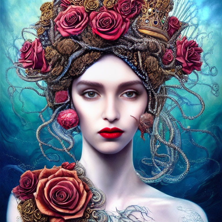 Pale-skinned woman with red lips in rose headpiece and golden jewelry on blue backdrop