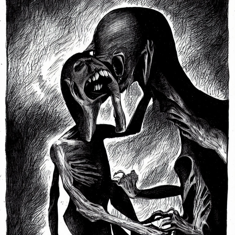 Monochromatic sketch of two skeletal figures in embrace