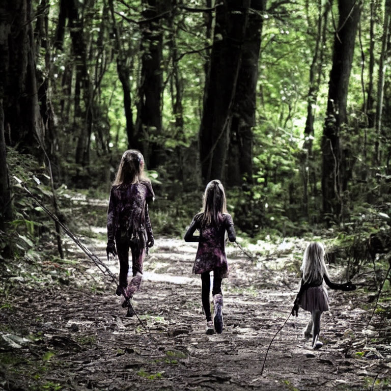 Three Children Walking on Forest Path Amid Greenery