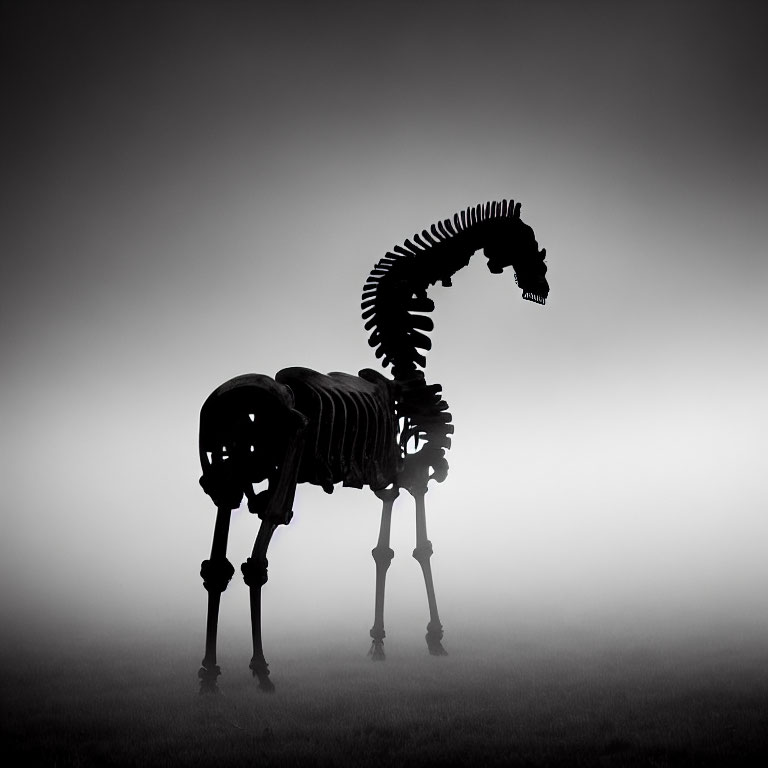 Eerie horse skeleton silhouette on misty backdrop