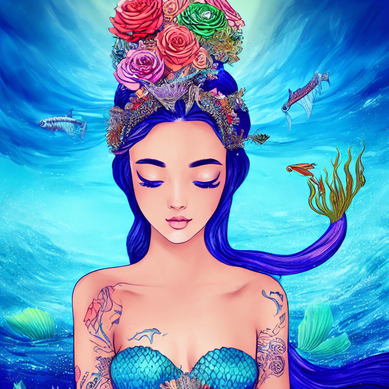 Woman with Blue Hair and Flower Crown in Mermaid Style with Sea Elements