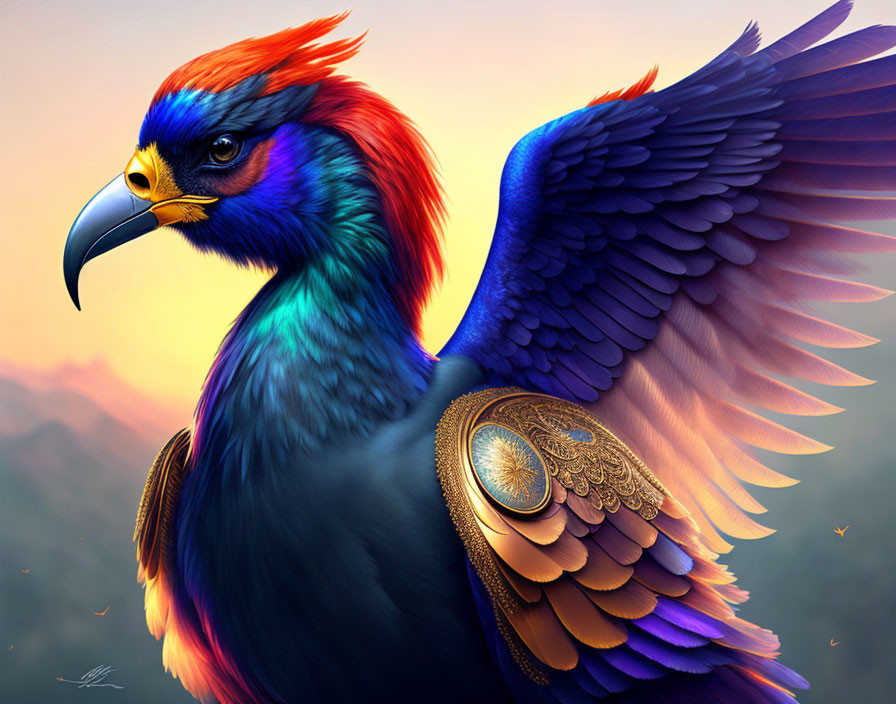 Colorful Fantastical Bird with Blue, Orange, Red Plumage and Ornate Wings