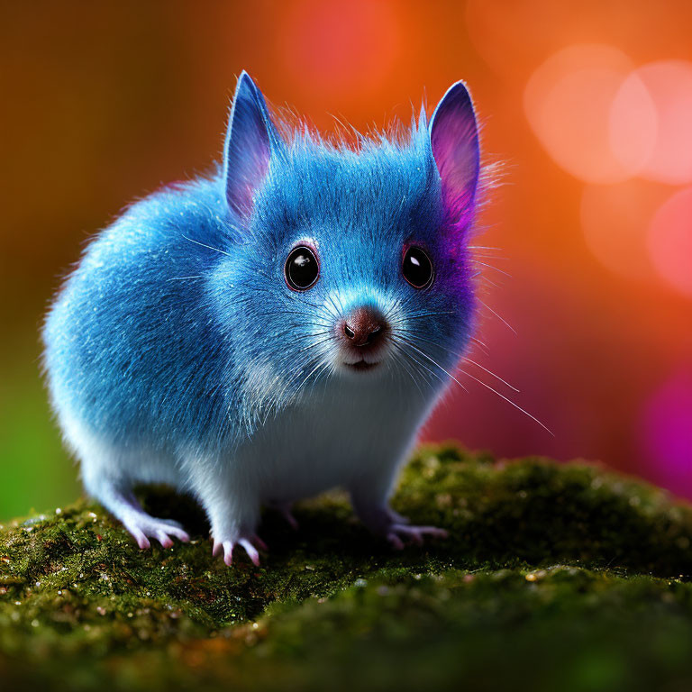 Blue Mouse-Like Creature with Shiny Eyes on Mossy Surface