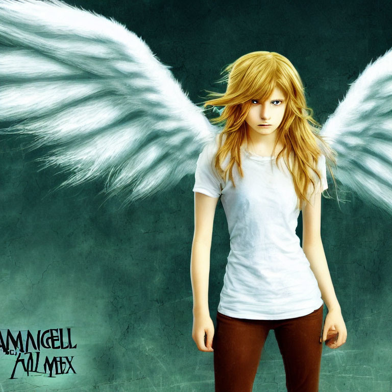 Digital artwork: Young woman with white wings, blonde hair, intense gaze, teal background