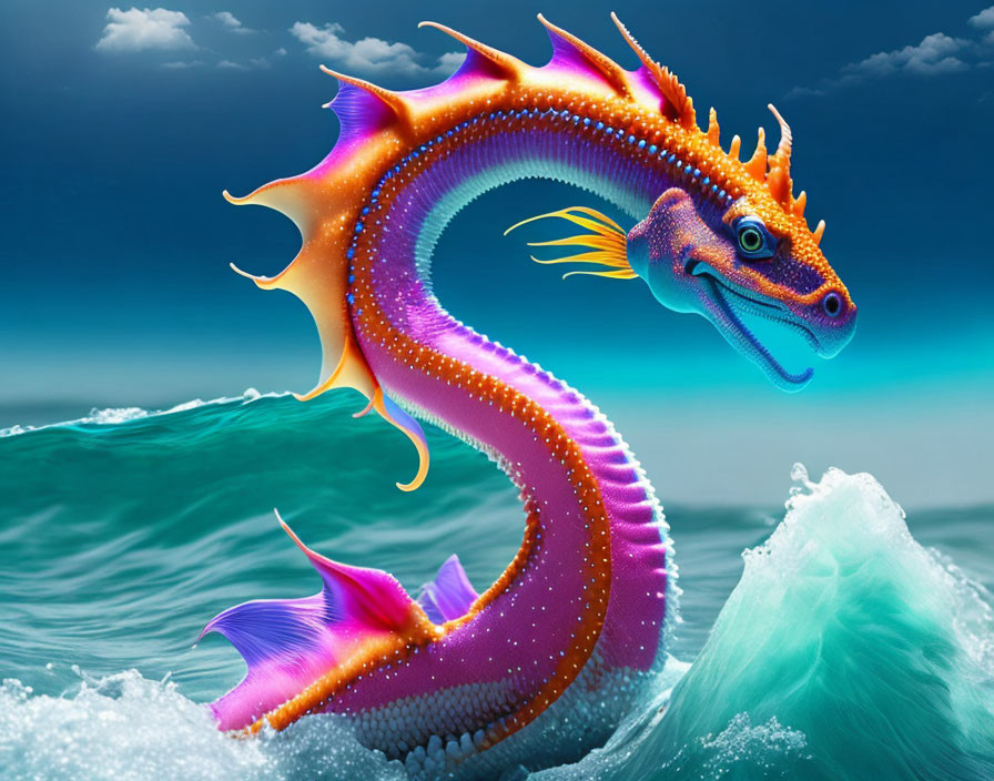 Colorful Sea Dragon Emerges from Ocean Waves in Digital Illustration