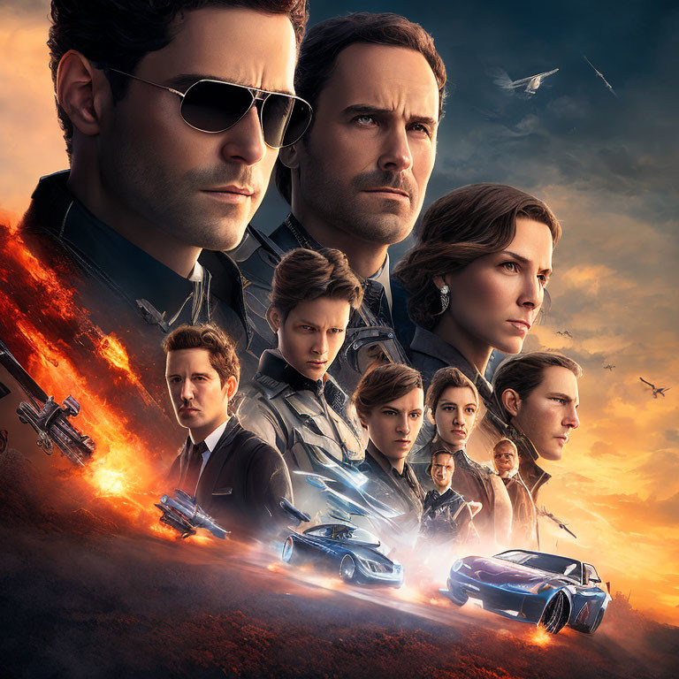 Action movie poster featuring main characters in sunglasses, fiery explosion, sports cars, and aircraft.