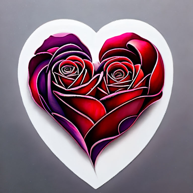 Heart-shaped purple and red roses on grey background.