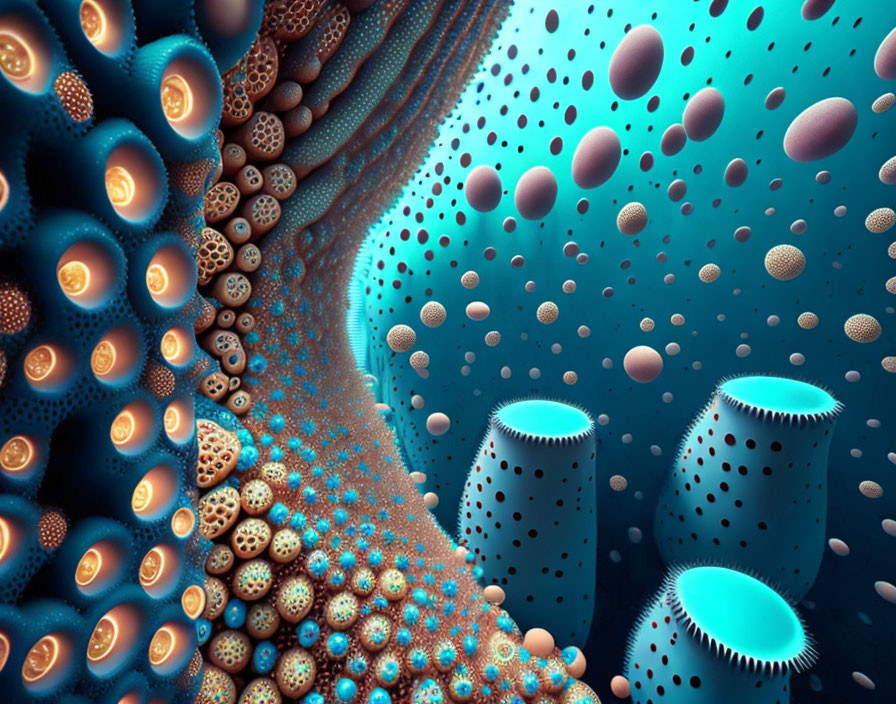 Fractal landscape with textured spheres and spongy structures in blue and orange hues