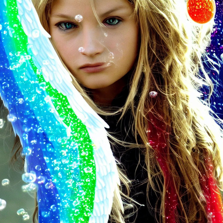 Young girl with wavy blonde hair in vibrant, glittering surroundings