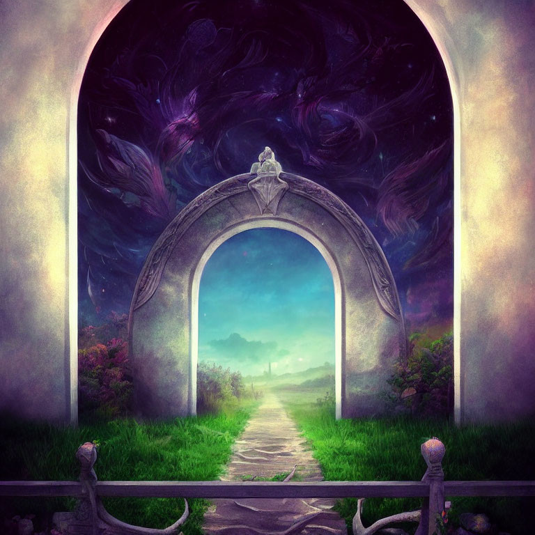 Illustration of stone archway leading to bright, peaceful pathway