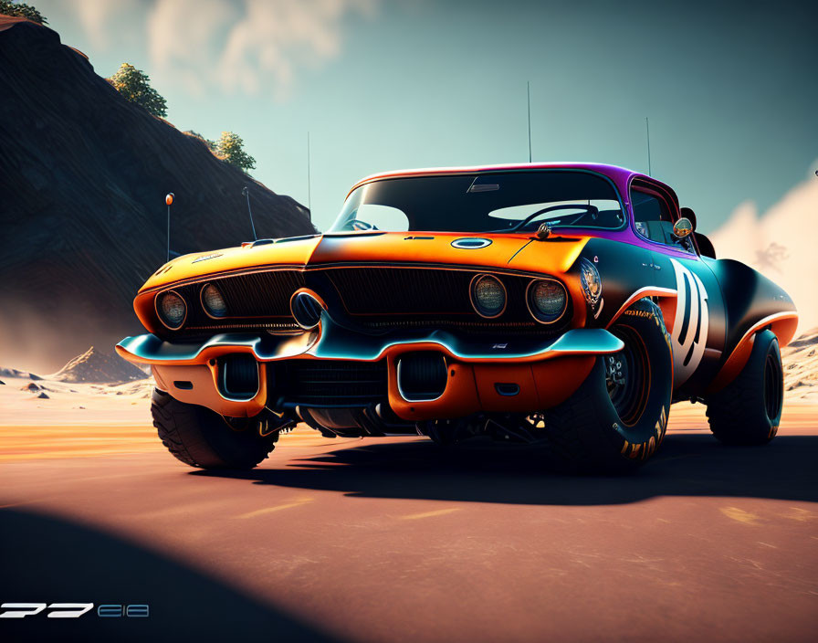 Classic Muscle Car with Colorful Livery on Desert Road