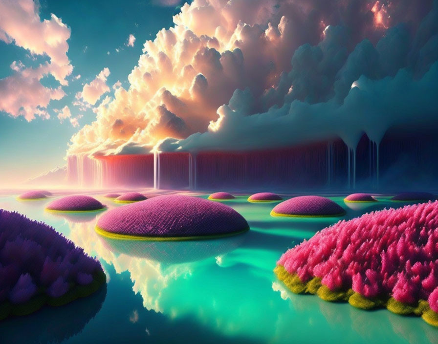 Colorful Fantasy Landscape with Fluffy Pink and Purple Vegetation, Waterfall Clouds, and Ser