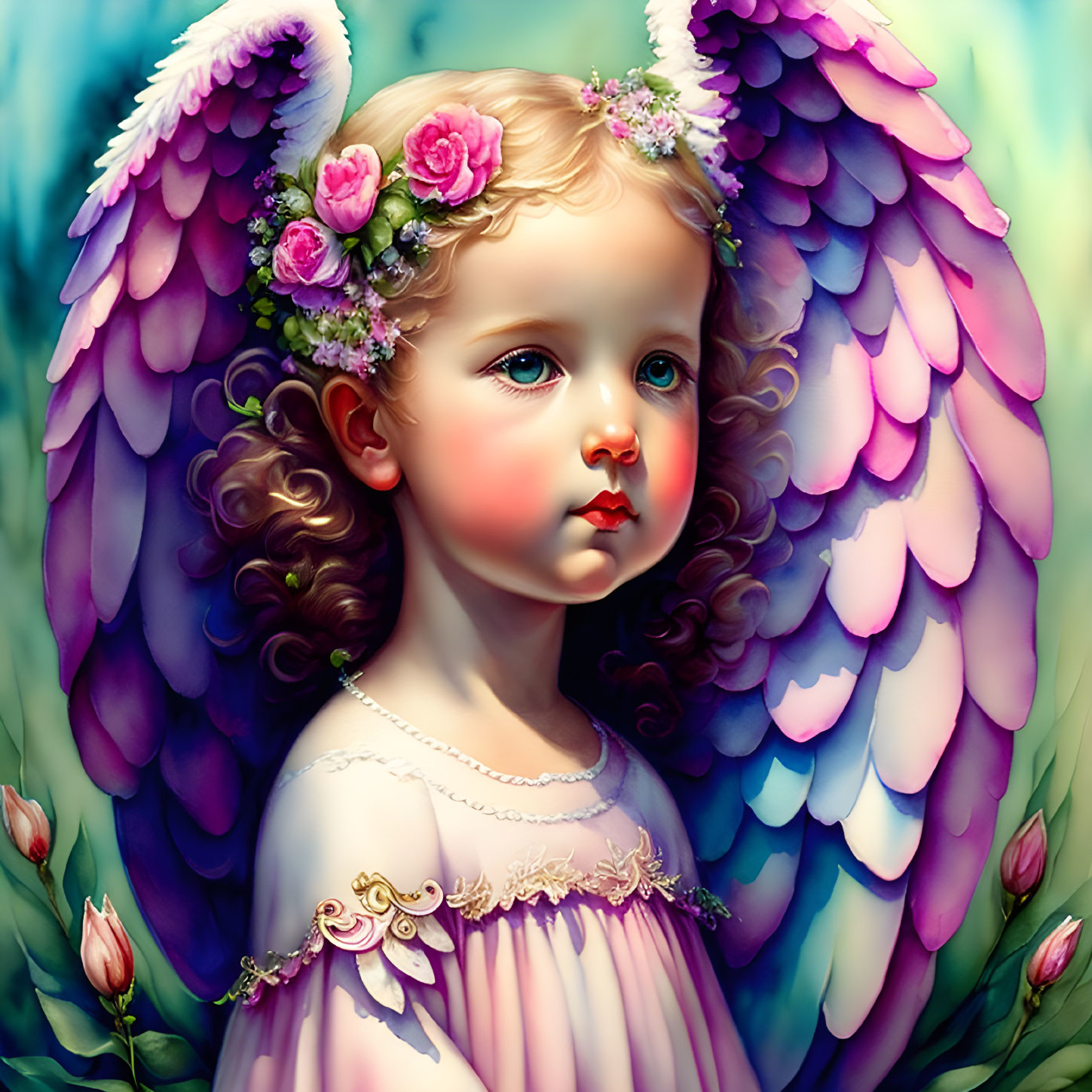 Multicolored winged girl with floral crown in digital painting